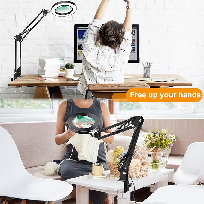 10X Magnifying Glass with Light and Stand, Magnifier with Light Hands Free, 3 Color Modes 10 Level Dimmable, Magnifying Real Glass LED Desk Lamp for Close Work, Repair, Reading, Craft, Black