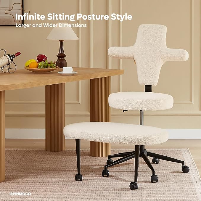 Ergonomic Cross Legged Office Chair Extra Wide for ADHD and Meditation, Kneeling Chair with 360° Swivel Wheels and Reversible Seating, Adjustable Height and Seat Deapth, Teddy Fabric, White
