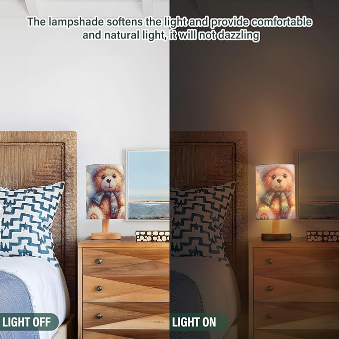 Bear LED Table Lamp, Bedside Lamp with Linen Lampshade, Flicker-Free Eye Care USB Plug in Nightstand Lamp, for Bedroom and Office