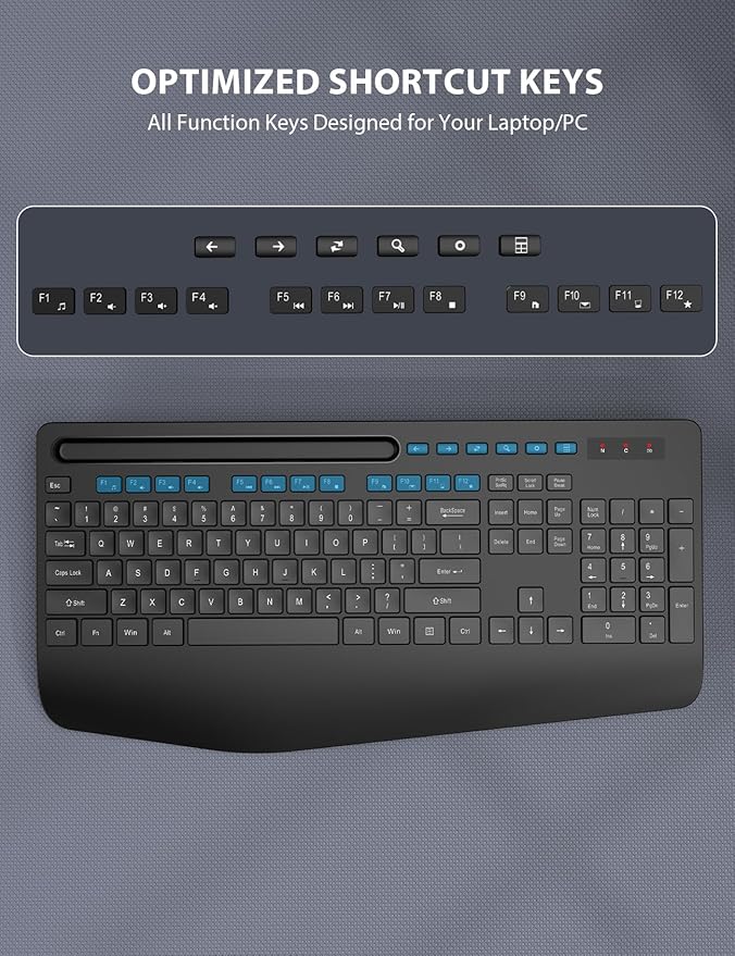 Wireless Keyboard and Mouse Combo - Full-Sized Ergonomic Design with Cushioned Wrist Rest, Built-in Phone Stand, Quiet 2.4GHz USB Connectivity for PC, Laptop - Trueque (Black, 2 Pack)