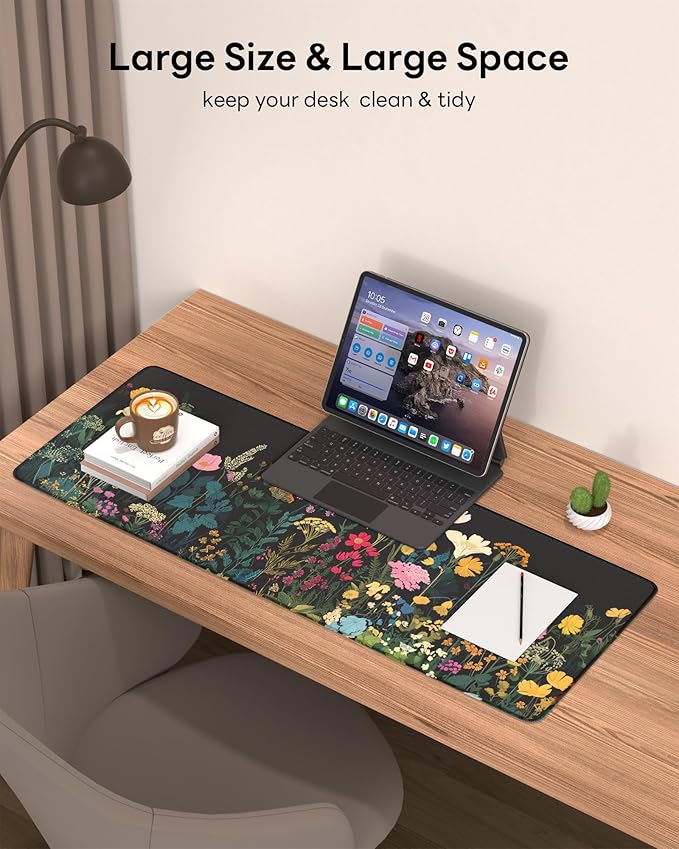 Floral Mouse Pad, 31.5 x 11.8 Large Desk Mat with Stitched Edges & Non-Slip Base, Mousepad for Office, Home, Work, Night Flowers