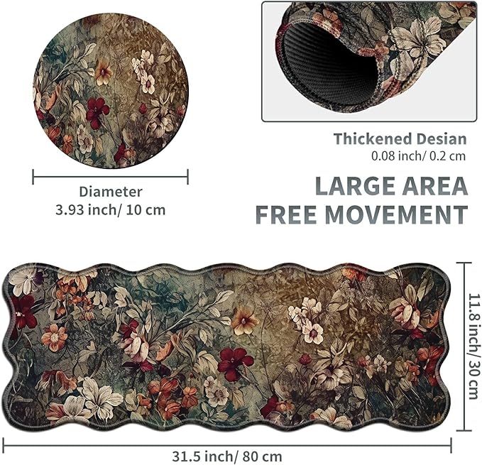 Dark Art Flowers Large Gaming Mouse Pad Plus a Coaster, 31.5 x 11.8 inches Desk Mat Extended XL Mousepad with Stitched Edge Non-Slip Rubber, Desk Pad Computer Mouse Mat for Home Office