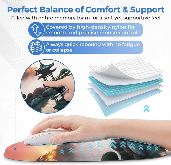 Ergonomic Mouse Pad with Wrist Support, Comfortable Entire Memory Foam, Wrist Pain Relief and Anti-Slip PU Base, Mousepad for Various Computers, Laptop PC (12x8x1.2inch, Pavilion)