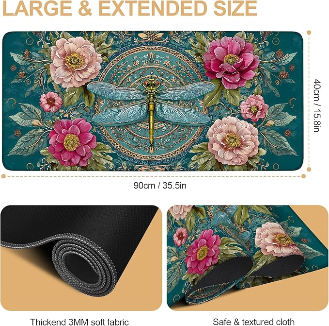 Large Mouse Pad & Keyboard Mat 35x16 Inches, Vintage Peony and Gold Dragonfly Floral Art Non-Slip Rubber Base Desk Mat, Large Extended Desk Protector for Home Office Gaming Setup