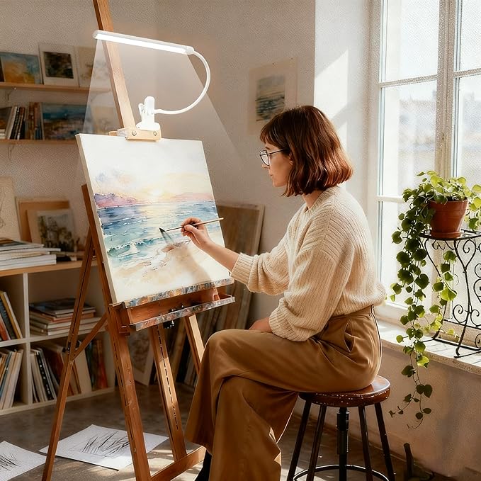 Clip-on Easel Lights for Artists Painting with On/Off Switch Cord, 3 Color Modes, Dimmable Clip Lamps for Over Painting Easel, Desk, Drawing with Flexible Arm, USB-Powered (White)