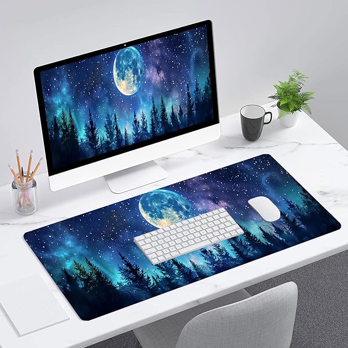Starry Sky Forest Desk Pad Mouse Pad Moon Stars Galaxy Forest Aurora XL Mouse Pad Large Mousepad Extended Laptop Keyboard Mat Gaming Desk Pad Mouse Mat 31.5"x11.8" Office Computer Keyboard Laptop Home