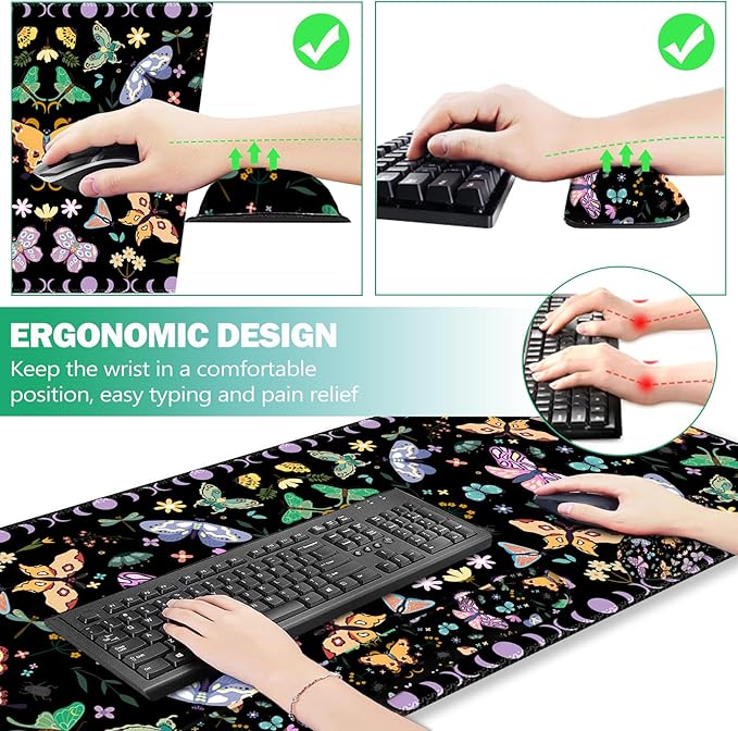 ARTSO Desk Mat Set, Black Butterfly Extended Gaming Mouse Pad with Wrist Rest Support +Keyboard Wrist Rest +Coaster, Large Cute Mousepad, Easy Typing & Comfort