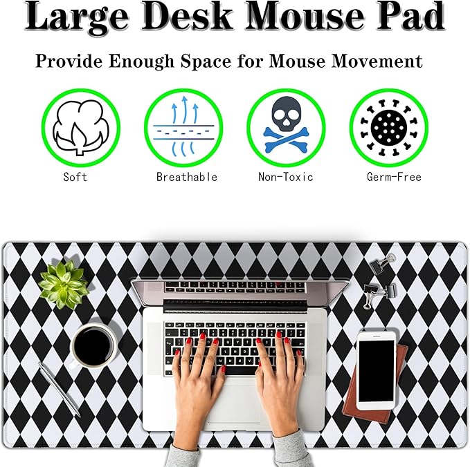 Computer Mat Black and White Desk Mat Large, Big Mouse Pad Gaming Desk Mats, Mouse Pad Gaming Non-Slip Rubber Base Waterproof with Stitched Edges, 35.4" X 15.7" for Work/Game/Office Diamond