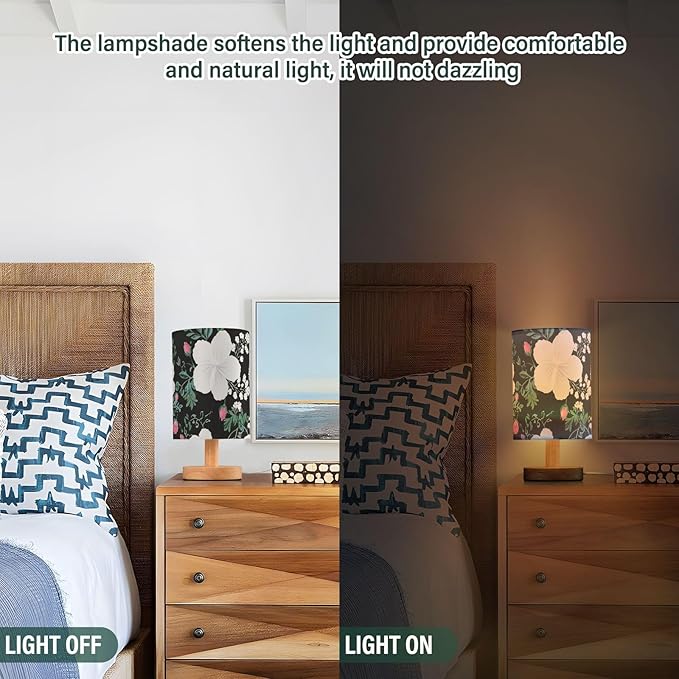 Flower LED Table Lamp, Bedside Lamp with Linen Lampshade, Flicker-Free Eye Care USB Plug in Nightstand Lamp, for Bedroom and Office