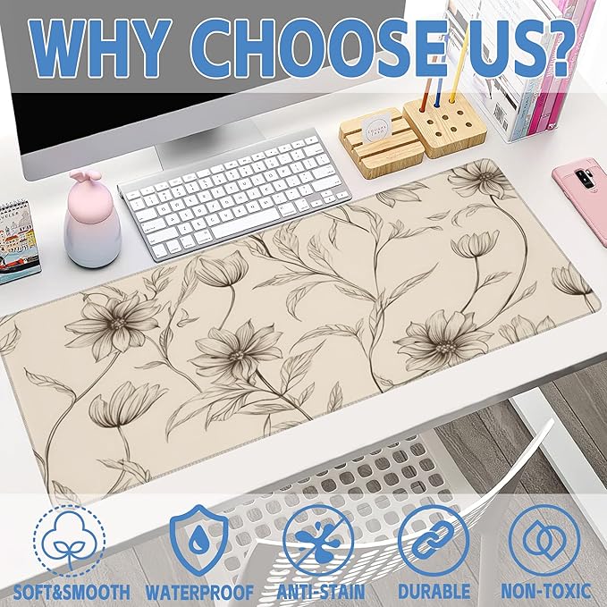 XL Mouse Pad,Minimalist Flowers Large Gaming Mouse Pad,Abstract line Floral Desk Mat for Desktop,Extended Big Computer Keyboard Desk Pad with Non-Slip Base and Stitched Edges 31.5"x11.8"