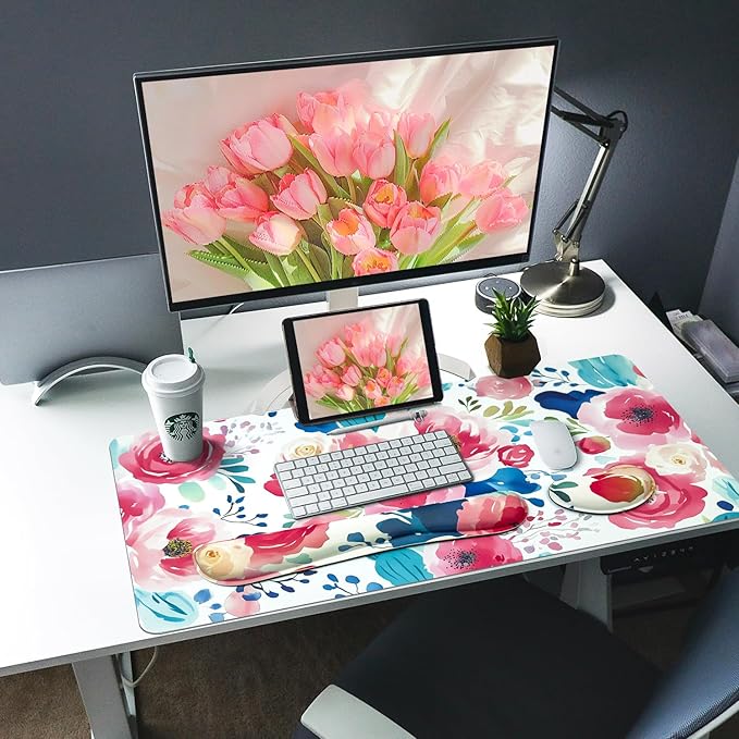 Bloss Flower Desk Mat + Wrist Rest, Leather Desk Pad+Foam Rest, Desk Matt for Desktop, Waterproof Desk Pad Mat for Office/Home/Decor, Gift for Women(31.5 x 15.7 Inches)