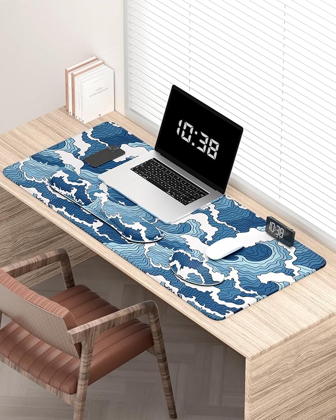 Auhoahsil Large Mouse Pad with Wrist Rests for Keyboard & Mouse, Thick Soft Ergonomic Memory Foam Wrist Supports, Big & Long Desk Mat 35.5 x 15.7 in, for Office Gaming Computer, Blue Wave