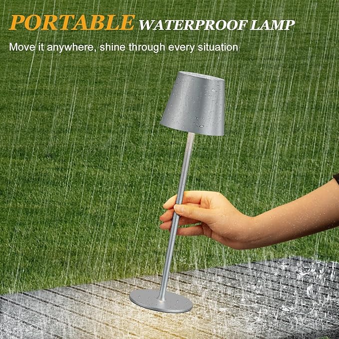 Cordless Table Lamp Rechargeable - Silver Grey 2 Pack 5000mAH Battery Operated Lamp for Counter, 3 Color Stepless Dimming Waterproof LED Wireless Lamp for Dining Kitchen, Outdoor Patio, Touch Control