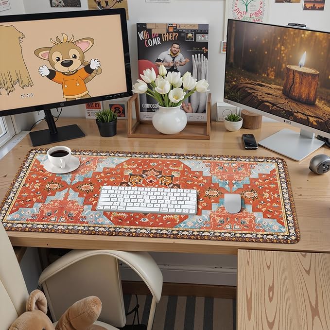 iCasso Large Desk Mat Retro,XXL Gaming Mouse Pad,Non Slip Desk Pad with Rubber Base,Long Extended Keyboard Mat with Stitched Edges,Desk Cover Mat for Office Home School (35.4×15.7 Inches)