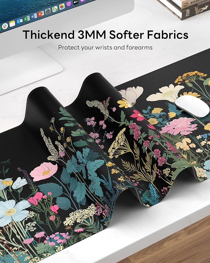 Floral Mouse Pad, 31.5 x 11.8 Large Desk Mat with Stitched Edges & Non-Slip Base, Mousepad for Office, Home, Work, Night Flowers