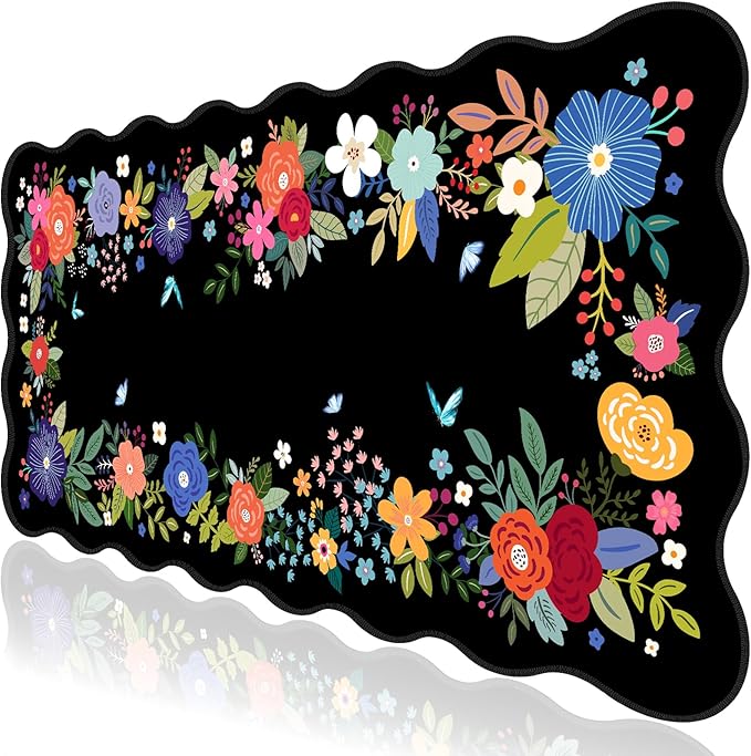 L-SPOUTTO Floral Mouse Pad,Black Desk Mat XXL Large Scalloped Gaming Mousepad,35.4x15.7in Non-Slip Rubber Base Keyboard Pad Waterproof Desktop Mat for Laptop Computer Game Home Office-Black Floral