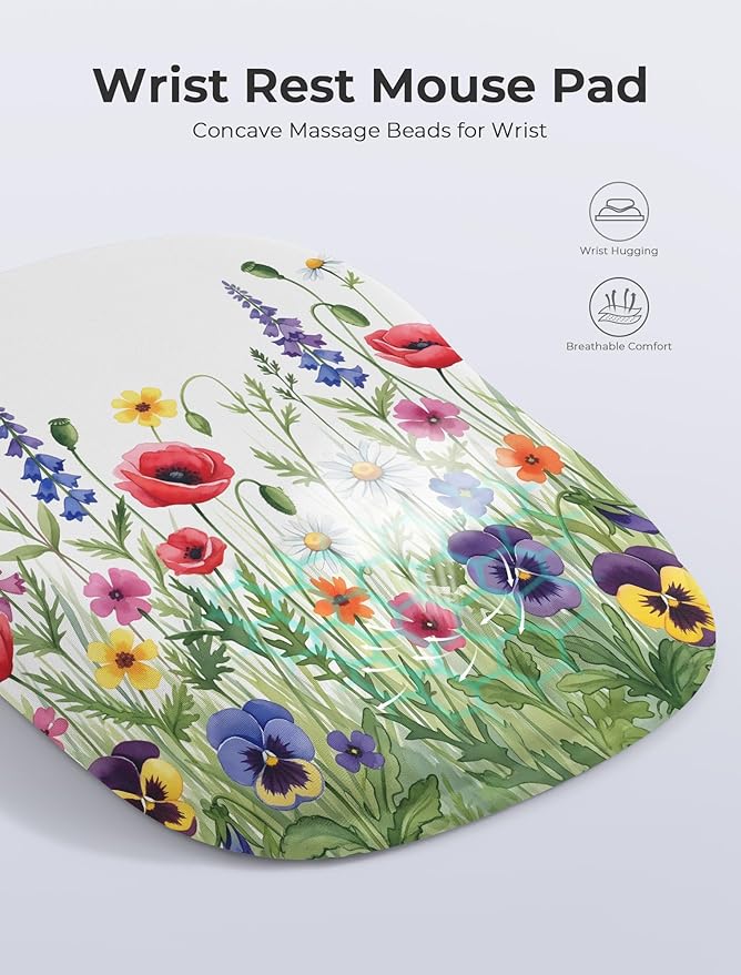 Wild Flower Bohemian Ergonomic Mouse Pad for Carpal Tunnel Pain Relief, 65% Usable Mouse Area, Memory Foam Concave Wrist Rest for for Office, PC, Gaming