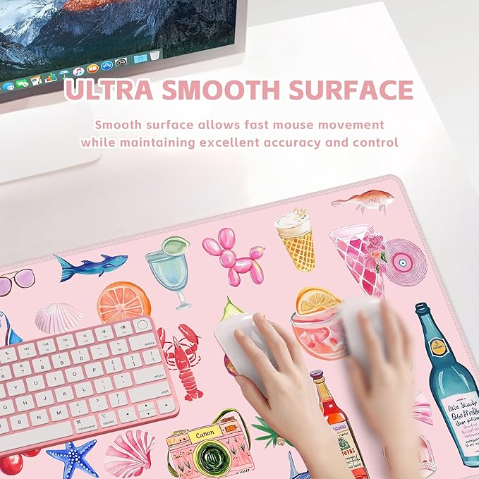 Baziabbo Pink Desk Mat,XXL Extended Large Mouse Pad,Gaming Mousepad with Stitched Edge,Non-Slip Rubber Base Keyboard Desk Pad for Home Office Study Game (Pink Stickers)