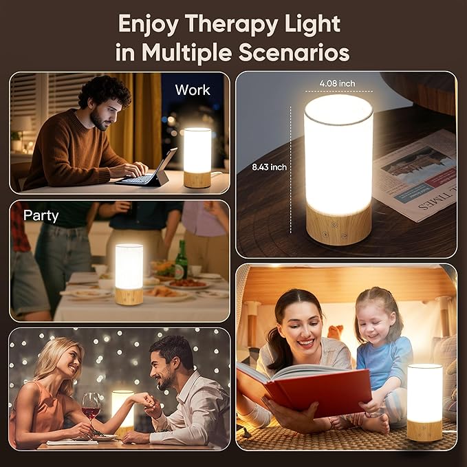 Light Therapy Lamp, Happy Lamp 10,000 LUX UV Free with 3 Color Temperature & 5 Brightness Level, Full Spectrum Light Wood Base Round Flaxen Fabric Shade for Home, Office, 4" × 8.4”
