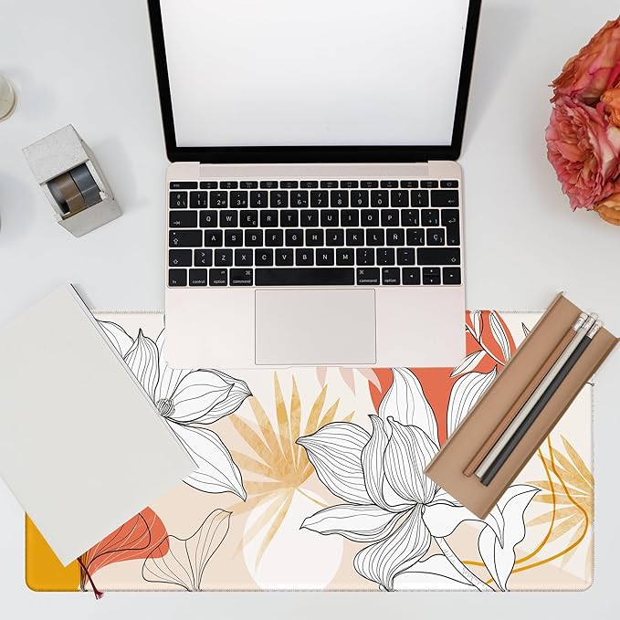 Floral Line Art Desk Pad, Large Gaming Mouse Pad, 31.5"x15.7" Extended Big Computer Keyboard Mouse Pad with Non-Slip Base and Stitched Edge
