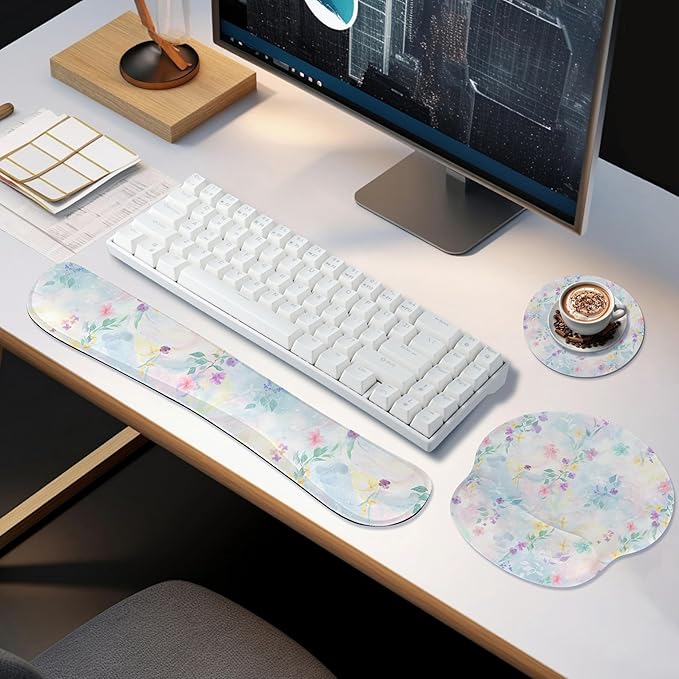 Ergonomic Keyboard Mouse Pad Wrist Rest Support Set for Laptop/Computer/Desktop,Memory Foam Hand Rest Wrist Cushion for Gaming/Office,Lightweight Comfortable (Colorful Flowers)