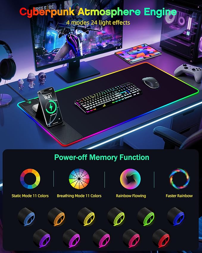 4-in-1 RGB Gaming Mouse Pad with Wireless Charging & Phone Stand, 31.5"x15.8" Large, 24 Light Effects, Non-Slip Base, Waterproof Ultra-Smooth Surface, with Adatper