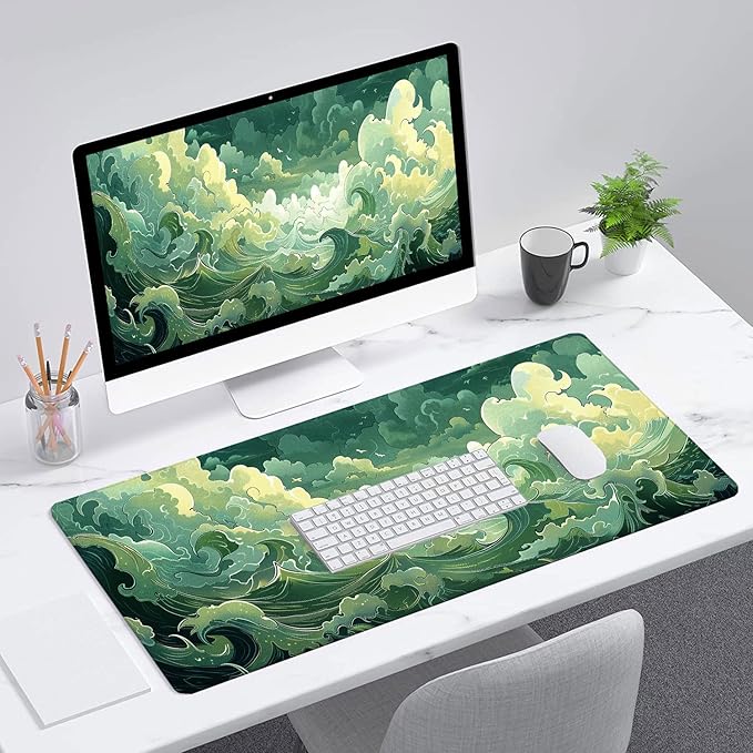 Sea Wave Desk Mat Green Japanese Anime Aesthetics Extended Gaming Mouse Pad Mat with Stitched Edge Non-Slip Base Big Mouse Pad 31.5"x11.8" Office Computer Keyboard Laptop Home