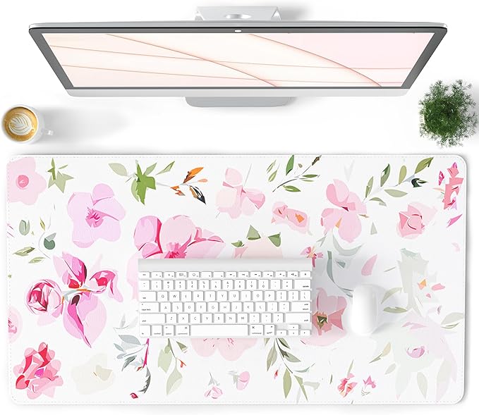 Colorful Star Floral Mouse Pad, Watercolor Pink Flowers Large Desk Mat, Computer Keyboard and Mouse Mat, Cute Office Decor Women Girls Desk Accessories Work Home Office Suppliers, 31.5"x15.7"
