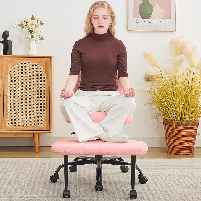 Ergonomic Criss Cross Legged Office Chair, ADHD Chair, Wide Height Adjustable Seat 360° Swivel Footstool with Wheels, Teddy Fabric Meditation Kneeling Chair, for The Restless Home Workers, Pink