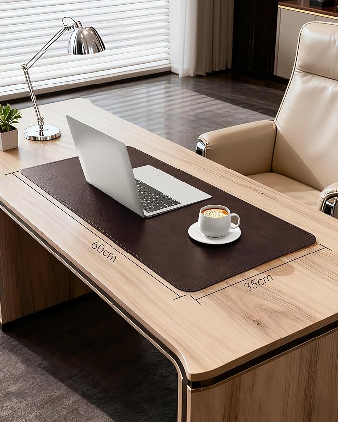 YSAGi Genuine Leather Desk Mat, 23.6"x13.8" Office Desk Pad, Thick Desk Pad Mat with Stitched Line, Non-Slip Desk Mat with Rubber Base (Dark Brown, 23.6"x13.8")