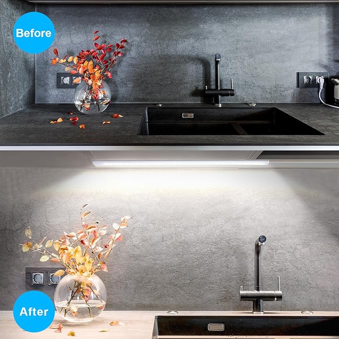 JUSJUBR Under Cabinet Lights Plug-in, 4 Pack x 12inch LED Under Cabinet Lighting, Dimmable Plug-in Light Bar for Desk, Under Kitchen Counter LED Lights with Memory Function, Cold White 6500K