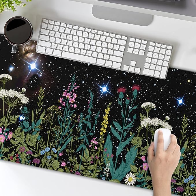 aportt Black Aesthetic Wildflower Large Mouse Pad XL Space Galaxy Weeds Herb Cute Floral Extended Desk Mat Big 80X30 CM Non-Slip Rubber Base Stitched Edge Long Mousepad,31.5×11.8 Inch