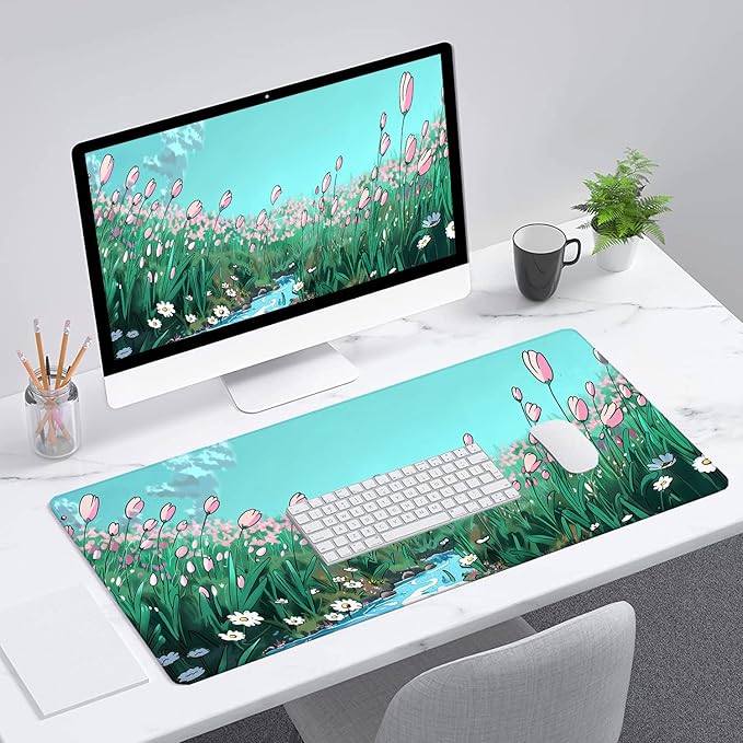 Anime Floral Gaming Desk Pad - Extended Cute Sage Green Plant Mouse Pad Mat with Stitched Edge Non-Slip Base - 31.5"x11.8"