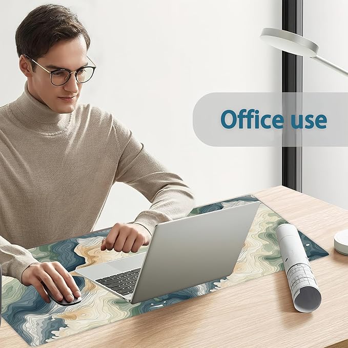 Gaming Mouse Pad,Color Topographic Contour Map Extended Mouse Pad Gaming Large, 31.5"x11.8"Abstract Blue and Green Waves Desk Mat with Non-Slip Base and Stitched Edge,Computer Keyboard for Home Office