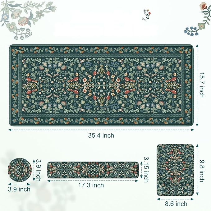 iLeadon Mouse Pad and Keyboard Wrist Rest, Extra Large Mouse Pad Set, Memory Foam Wrist Support for Keyboard, Ultra Smooth Dark Green Desk Mat Sets for Office Women(Floral)