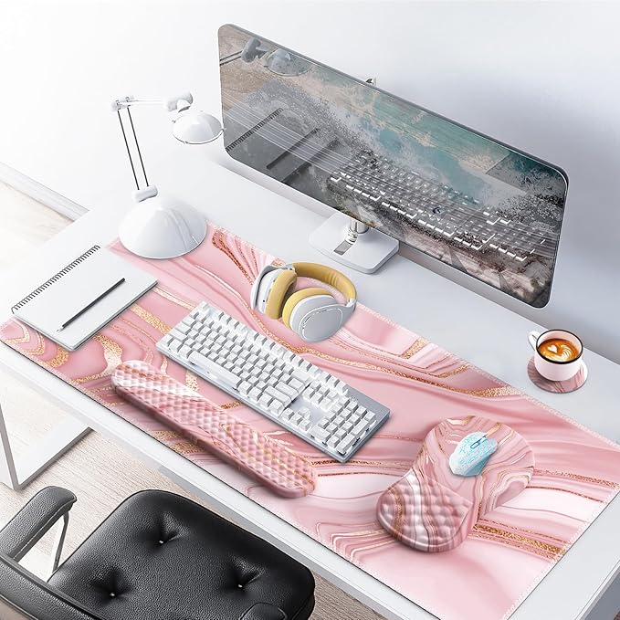 Pink Desk Mat, Desk Mat for Mouse, Computer Mats, Rose Gold Mouse Pad and Keyboard Wrist Rest, Memory Foam Wrist Rest for Mouse (Rose Gold Pink)