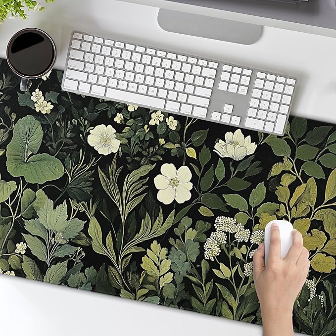Green Leaves Mouse Pad XL Botanical Plants Beige Floral Extended Table Mat 80X30 cm Non-Slip Rubber Base Stitched Edge Large XL Mousepad for Desk Gaming Laptop Desk Top,31.5×11.8 Inch