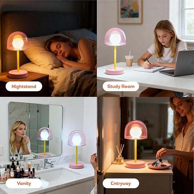 Cordless Touch Lamp Battery Powered, Rechargeable Table Lamp Dimmable, Coffee Table Small Lamps IP44, LED Wireless Desk Light for Girls Bedroom Playroom Nightstand, 7.7" W X 10.6" H (Pink)