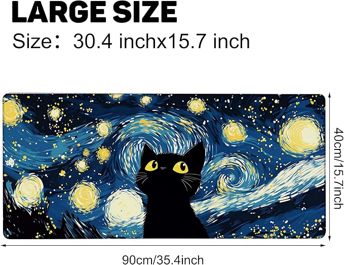 Large Mouse Pad 35.4x15.7 Inch Starry Night Black Cat Gaming Desk Mat with Non-Slip Rubber Base, Stitched Edges for Gaming,Office