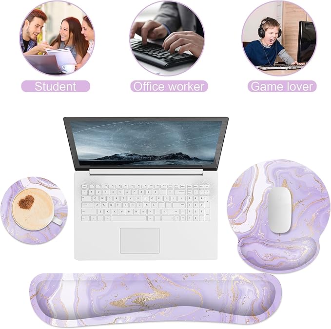 Ergonomic Mouse Pad with Wrist Rest and Keyboard Wrist Rest, Memory Foam Wrist Rest for Computer Keyboard, Easy Typing, Mouse Pad Wrist Support for Gaming,Office, Laptop, Purple Marble