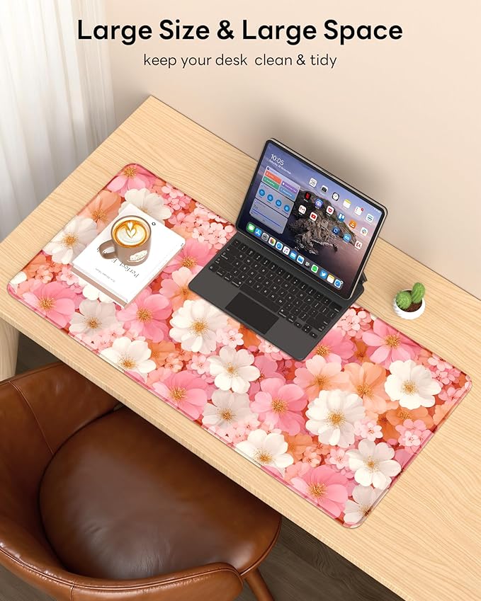 XL Gaming Mouse Pad, 31.5x15.7'' Large Desk Mat with Anti-Slip Rubber Base & Stitched Edges for Gaming, Office, Home, Floral