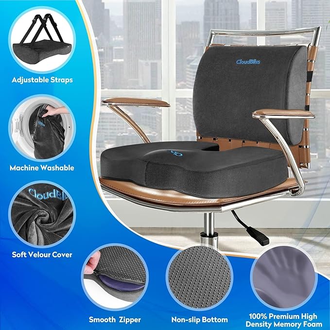 CloudBliss Seat Cushion, Office Chair Cushions, Car Seat Cushion, Lumbar Support Pillow for Office Chair, Back Support Memory Foam Pillow Coccyx Cushion for Tailbone, Coccyx & Back Support, Grey