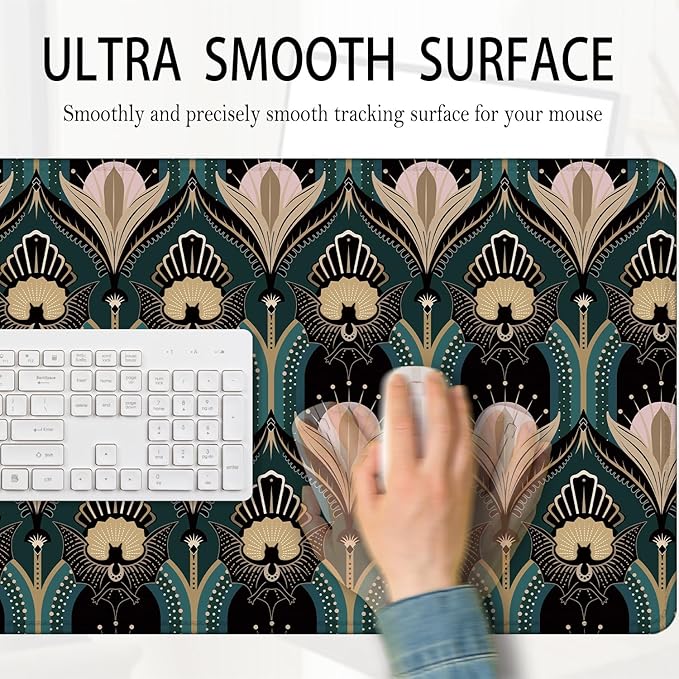 Art Deco Floral Mouse Pad 31.5x15.7inch, 1920s Maximalist Gothic Bats and Flowers Mouse Pads for Wireless Mouse Computers Laptop Desk Accessories, Gothic Office Supplies