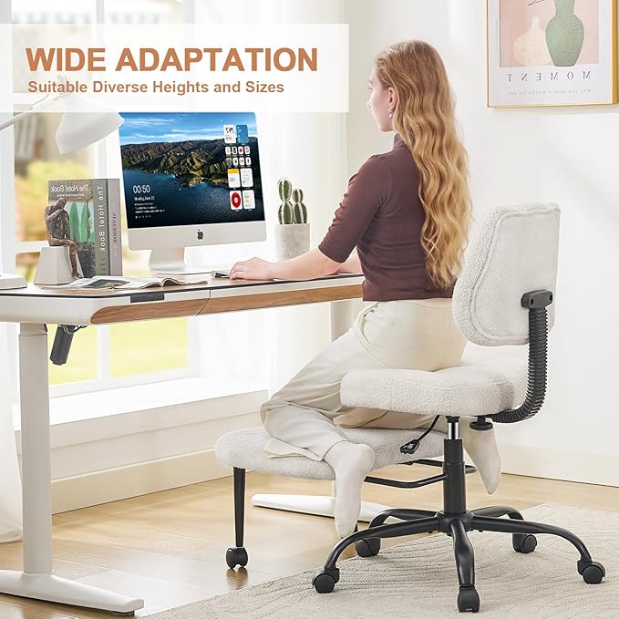 Ergonomic Criss Cross Legged Office Chair, ADHD Chair, Wide Height Adjustable Seat 360° Swivel Footstool with Wheels, Teddy Fabric Meditation Kneeling Chair, for The Restless Home Workers, White