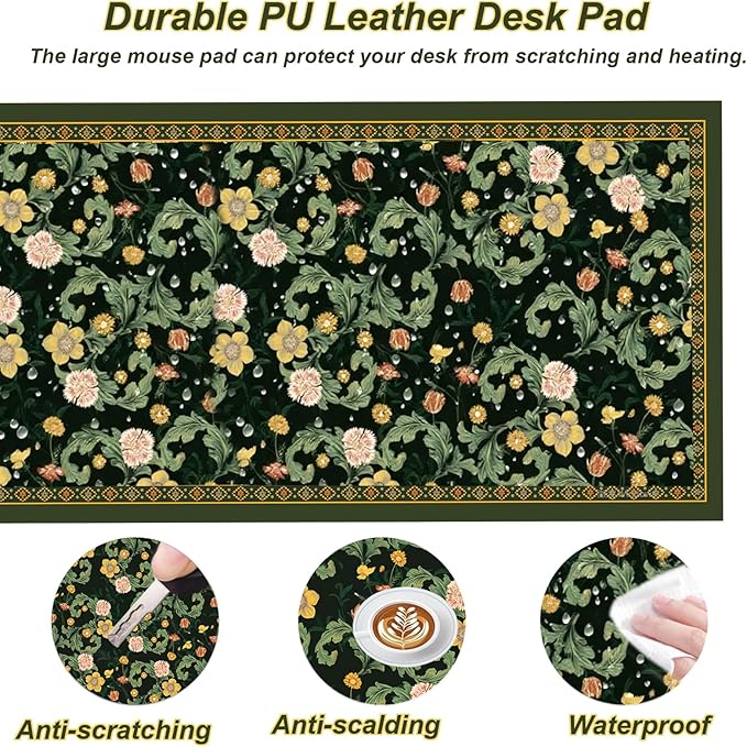 Desk Pad, ZAXOXAZ PU Leather Desk Pad Protector, 31.5" x 15.7" XXL Large Extended Flowers Mouse Pad, Big Desk Mat Floral Desk Blotter, Waterproof Desk Writing Pad for Office and Home(Green Flowers)