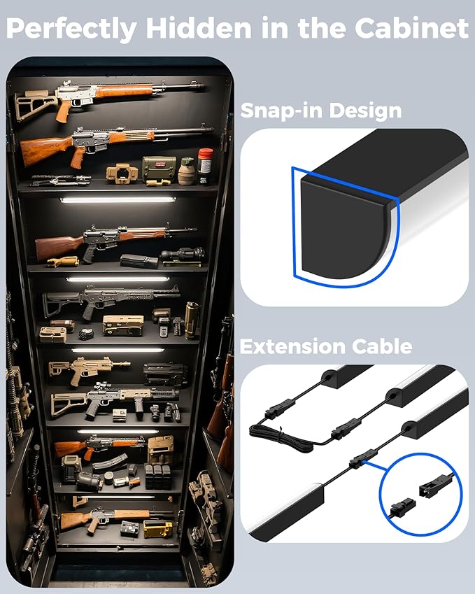 ASOKO Gun Safe Lighting Kit, 6pcs Linkable 12Inch Light Bars,1600LM Motion Activated Under Cabinet Lighting with 24V 1A Power Adapter, 6000K Cool White for Gun Safe Locker Closet Display Case