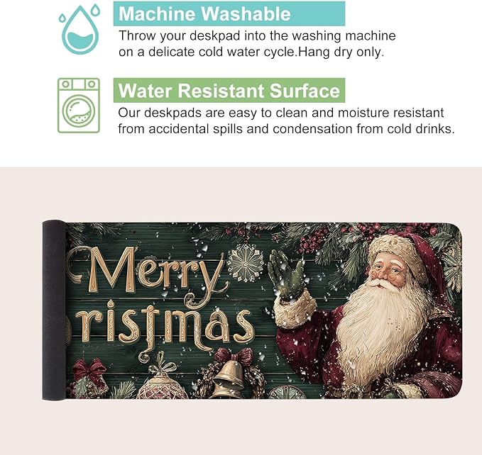 Desk Mat, XXL Extended Gaming Pad for Desktop, 31x12 Inches Vintage Santa, Large Non-Slip Vegan Leather Keyboard Mouse Mat for Home Office