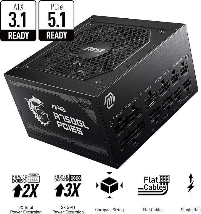 MSI MAG A750GL PCIE5, Fully Modular Compact Gaming 750W Power Supply, 80+ Gold, ATX 3.1 & PCIe 5.1 Ready, Native Dual-Color 12V-2x6 Cable, 10 Year Warranty