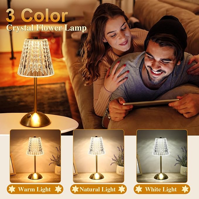 Cordless lamp,Dimmable Crystal Table Lamp 3 Colors LED Gold Lamp,Touch Lamp Diamond Crystal Lamp, Rechargeable Small Lamp, Wireless Lamp Vintage Lamp for Bedroom Living Room Bathroom Hotel Bar