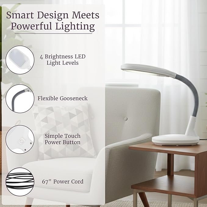 LED Desk Lamp - Sunlight Lamp with Adjustable Gooseneck Arm - Home and Office Desk Lamps Great for Reading and Crafting by Lavish Home (White)